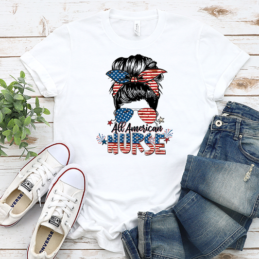 All-American Nurse Messy Bun Transfer - T-SHIRT SIZE