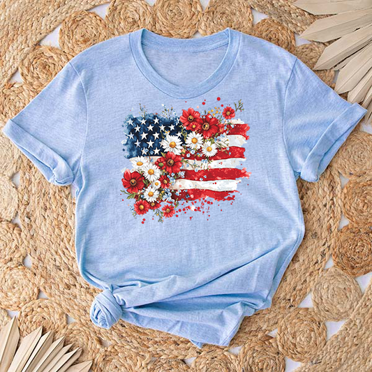 Floral American Flag Transfer - T-SHIRT SIZE