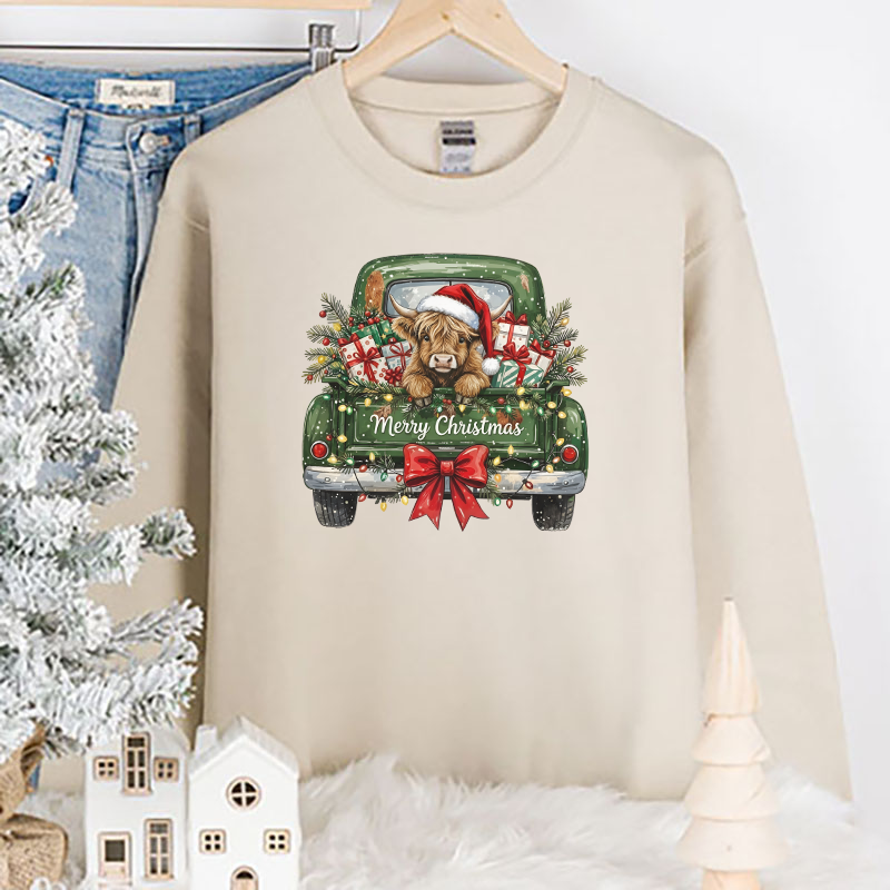 Christmas Highland Cow Green Truck Transfer - T-SHIRT SIZE
