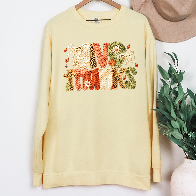 Faux Yarn Preppy Give Thanks Transfer - T-SHIRT SIZE