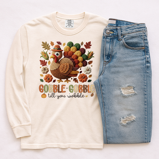 Faux Yarn Gobble Til You Wobble Transfer - T-SHIRT SIZE