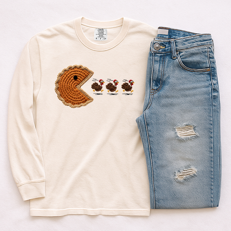 Faux Yarn Pumpkin Pie Pacman Transfer - T-SHIRT SIZE