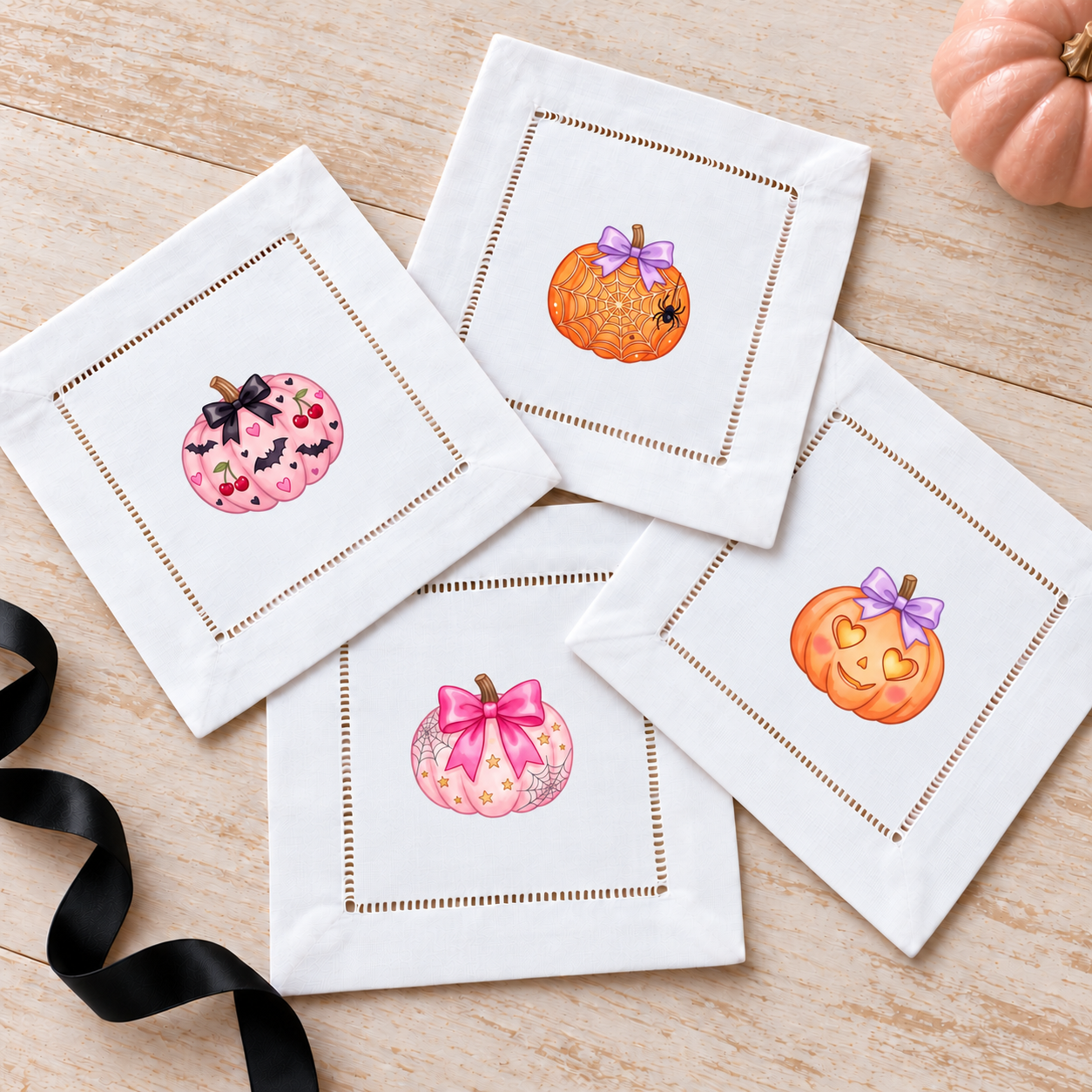 Girlie Halloween Pumpkins Set 3 — mini pumpkin transfers on white hemstitched cocktail napkins