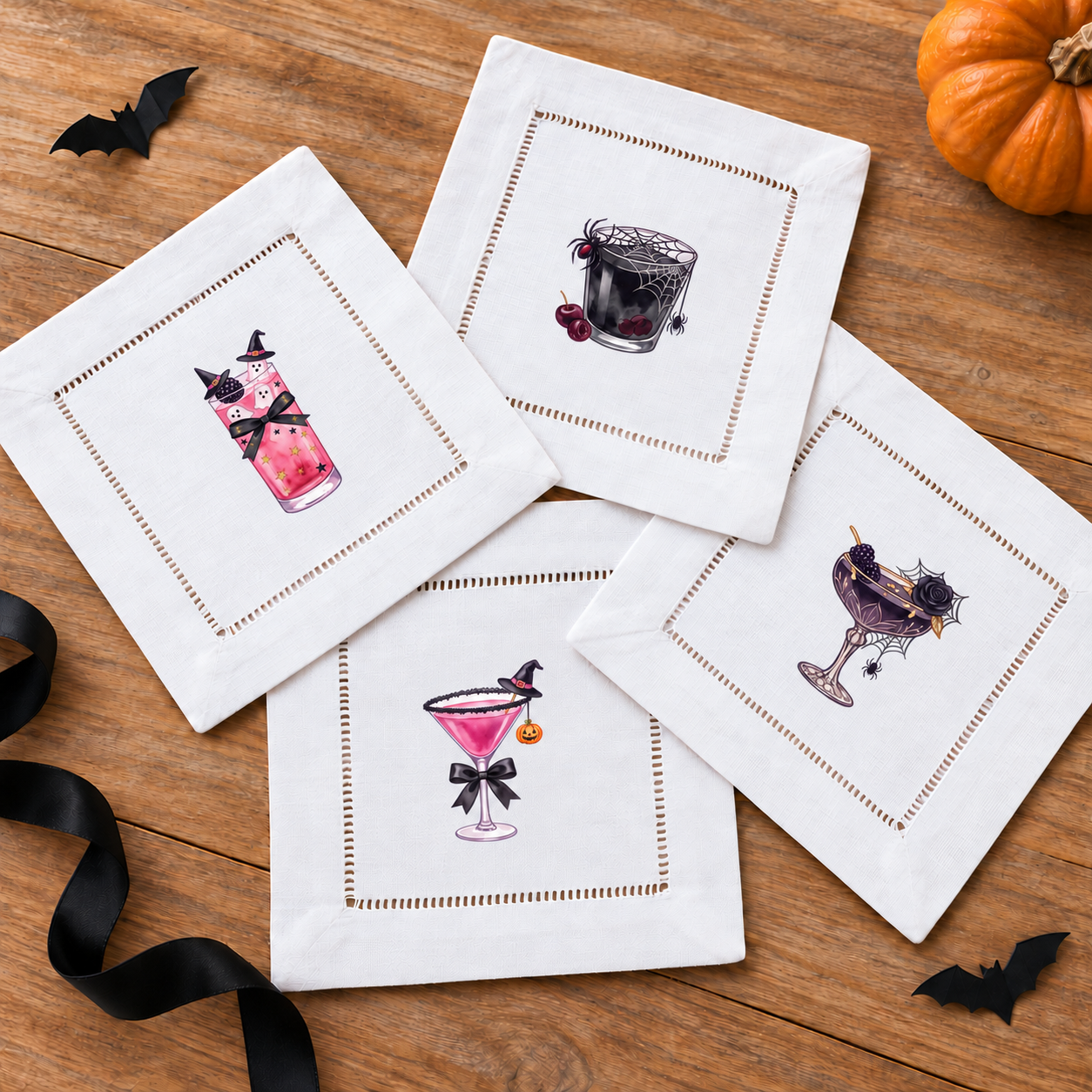 Halloween Cocktails 2 - four mini DTF transfer designs shown on white hemstitched cocktail napkins
