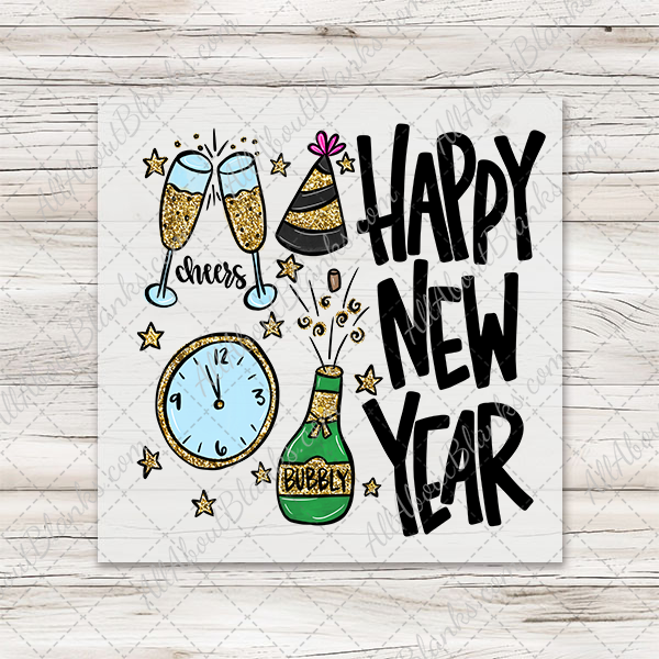 Happy New Year Doodle Blue DTF Transfer - T-SHIRT SIZE