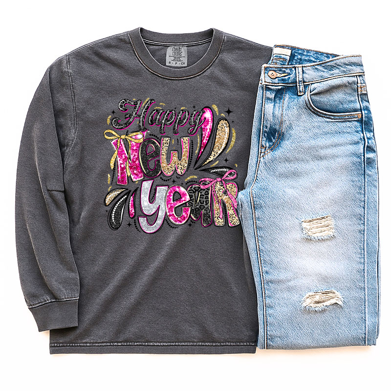 Happy New Year Sparkle & Leopard Coquette - T-SHIRT SIZE