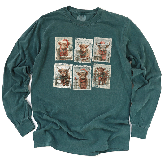 Christmas Highland Cow Vintage Stamps Transfer - T-SHIRT SIZE
