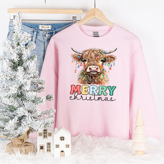 Merry Christmas Highland Cow Transfer - T-SHIRT SIZE