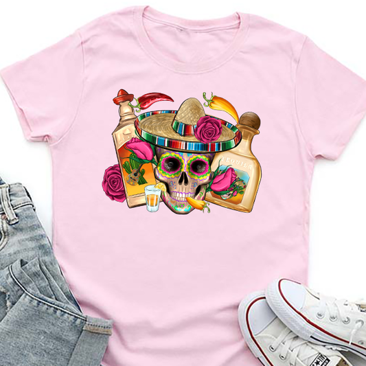 Mexican Skull Sombrero Transfer - T-SHIRT SIZE