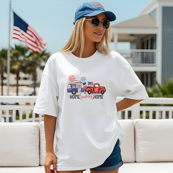 Patriotic Home Sweet Home Camper Transfer - T-SHIRT SIZE