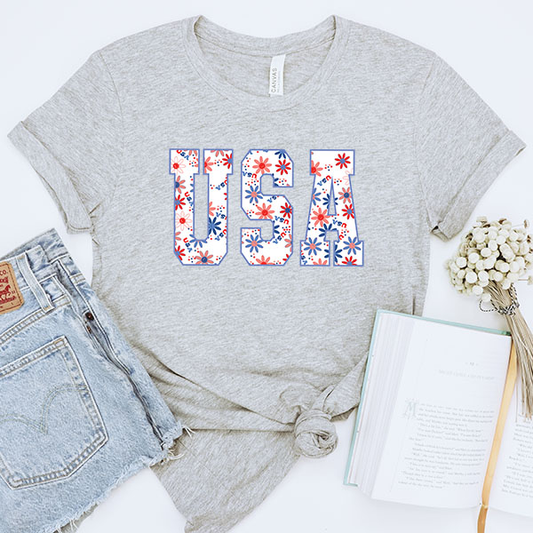 USA Retro Flowers Transfer - T-SHIRT SIZE