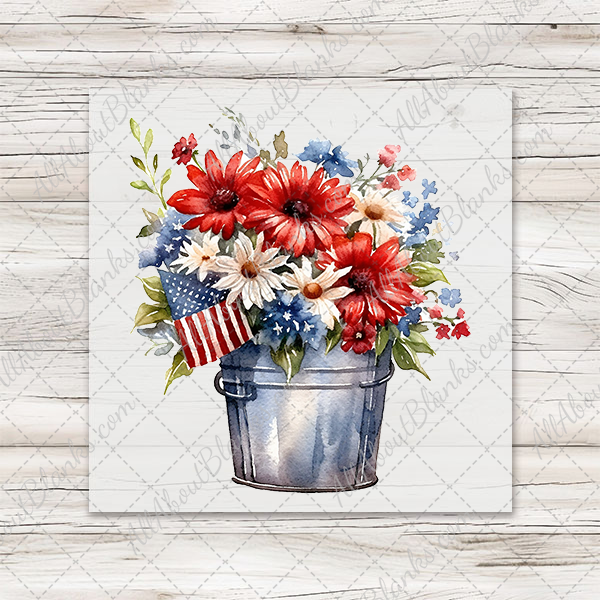 Watercolor Patriotic Flowers Metal Bucket Transfer