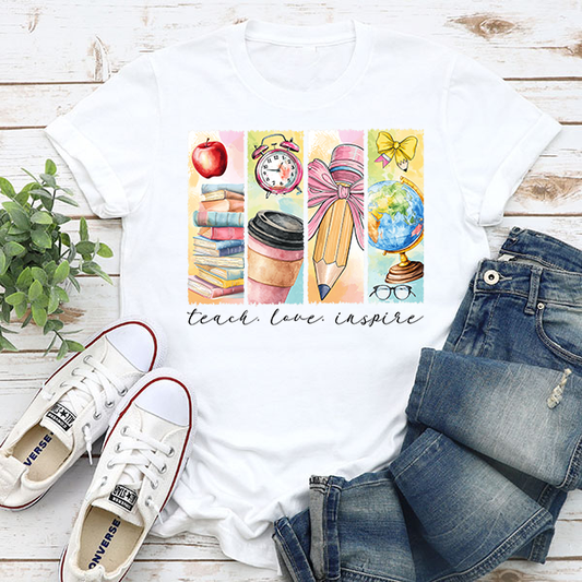 Watercolor Teach Love Inspire Blocks Transfer - T-SHIRT SIZE