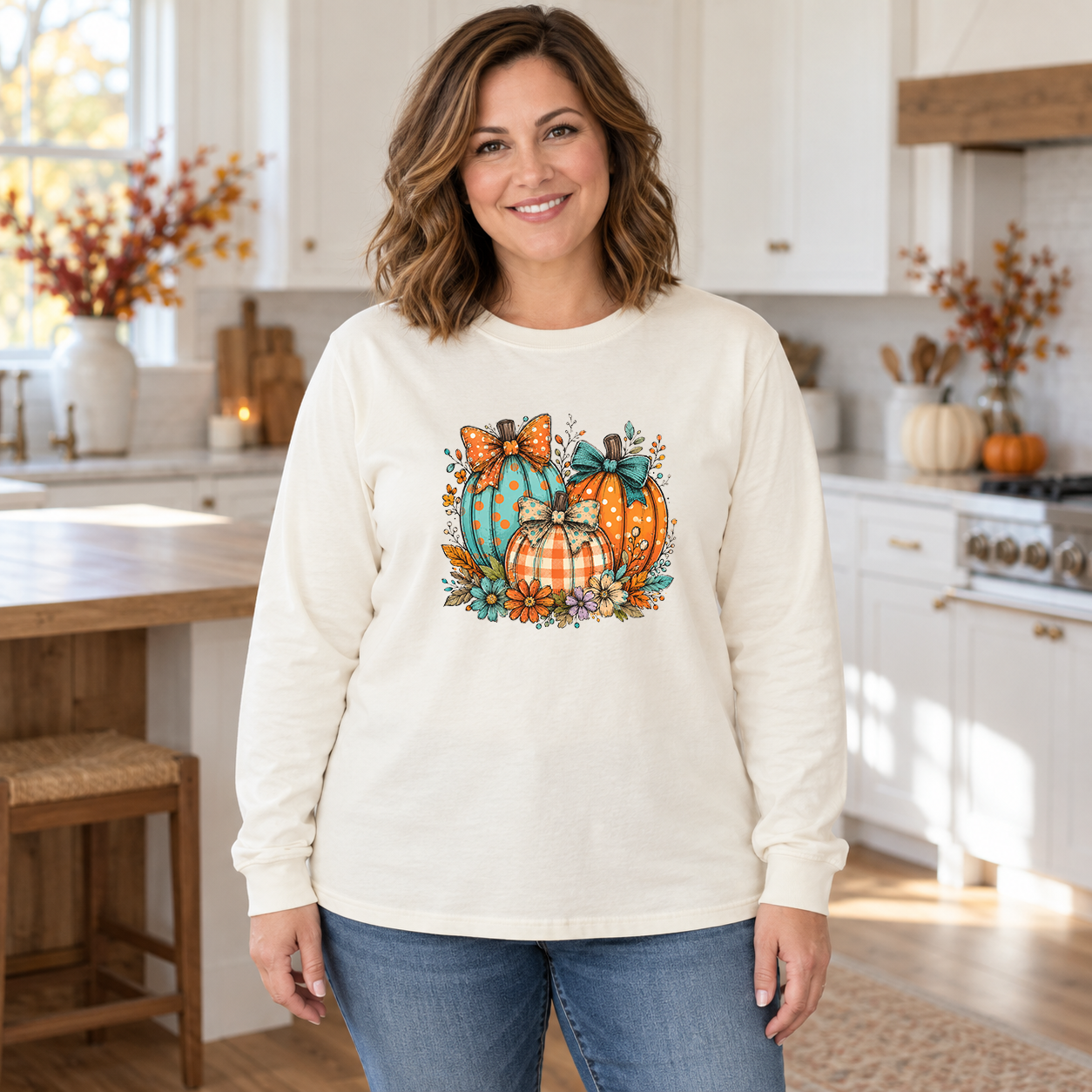 Boho aqua and orange pumpkin transfer on an ivory long-sleeve tee
