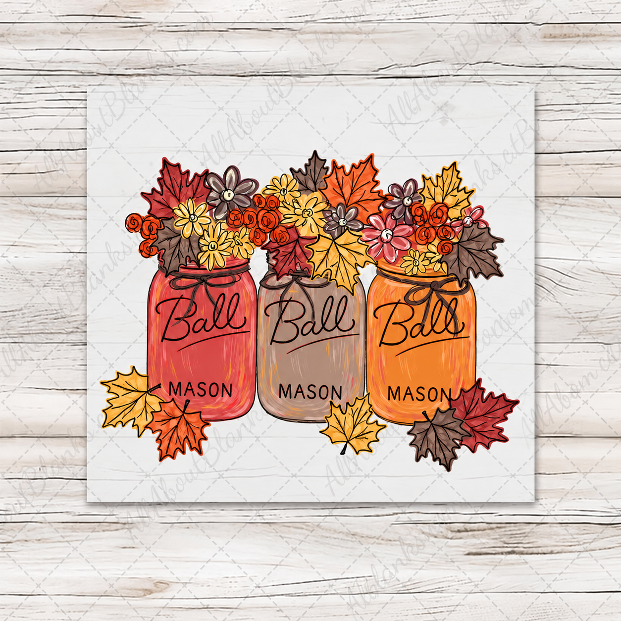 Fall Leave Mason Jars artwork on the standard whitewashed wood transfer mockup with AllAboutBlanks.com watermark