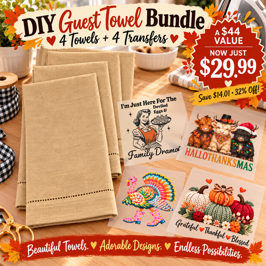 Fall Thanksgiving DIY guest towel bundle: four towels and four transfers, introductory price $29.99, $44 value
