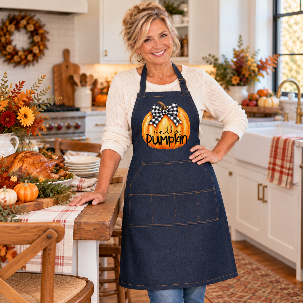 Hello Pumpkin Gingham Bow transfer shown on a denim apron