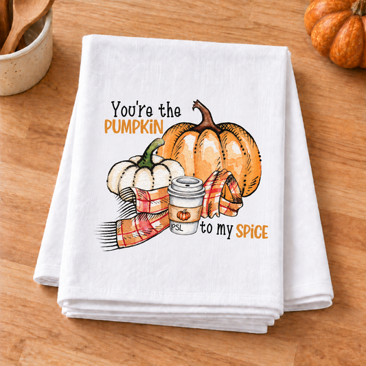 Pumpkin To My Spice transfer on a folded white towel in a fall kitchen