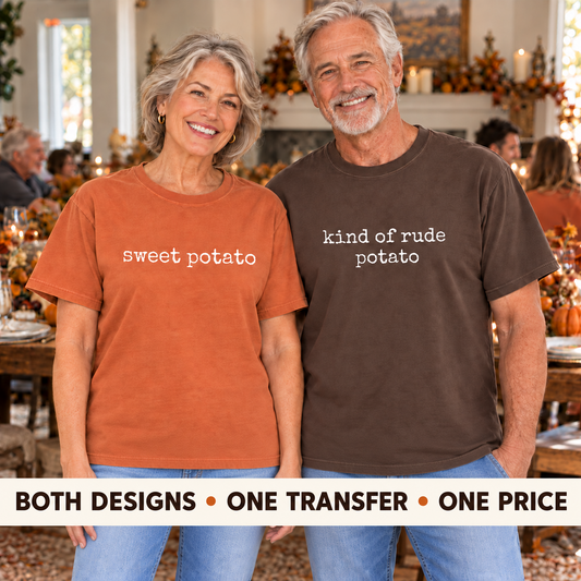 Couple wearing sweet potato and kind of rude potato tees in white lettering; both designs one transfer one price