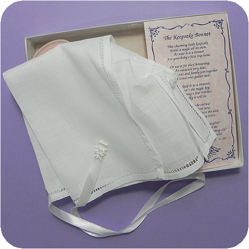 Boxed Linen Keepsake Hemstitched Baby Bonnet