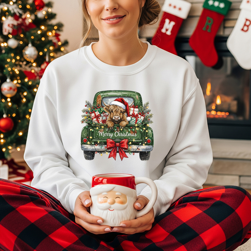 Christmas Highland Cow Green Truck Transfer - T-SHIRT SIZE