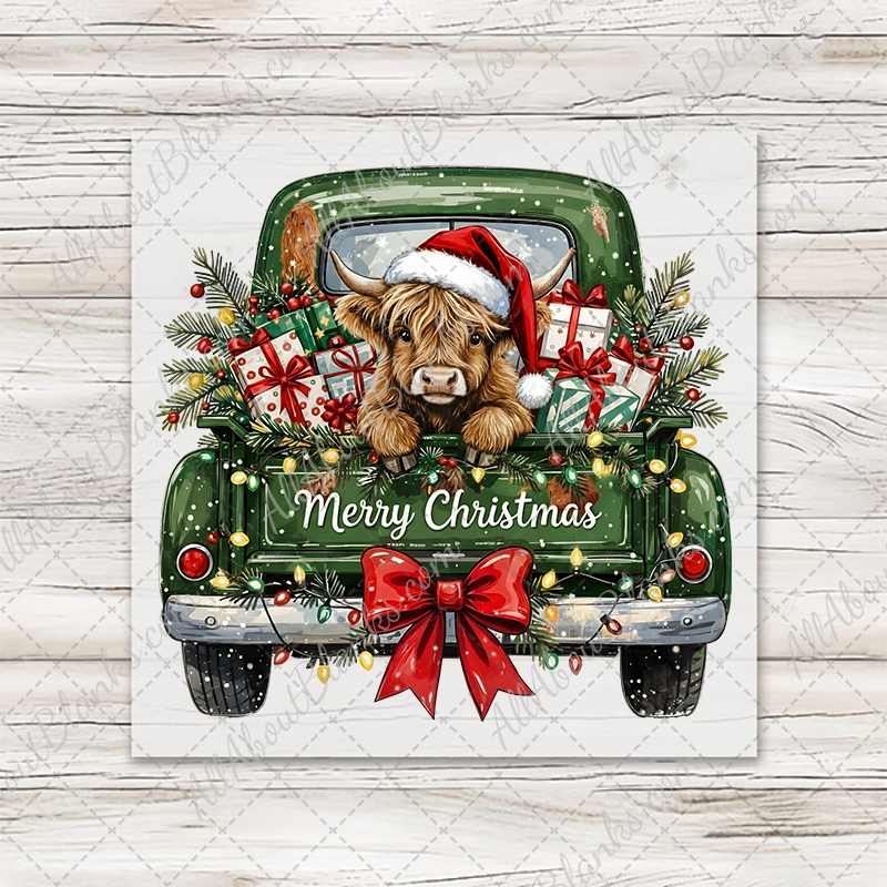 Christmas Highland Cow Green Truck Transfer - T-SHIRT SIZE
