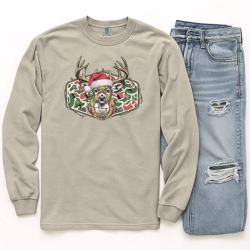 Christmas Reindeer In Santa Hat on Camo T-Shirt Transfer
