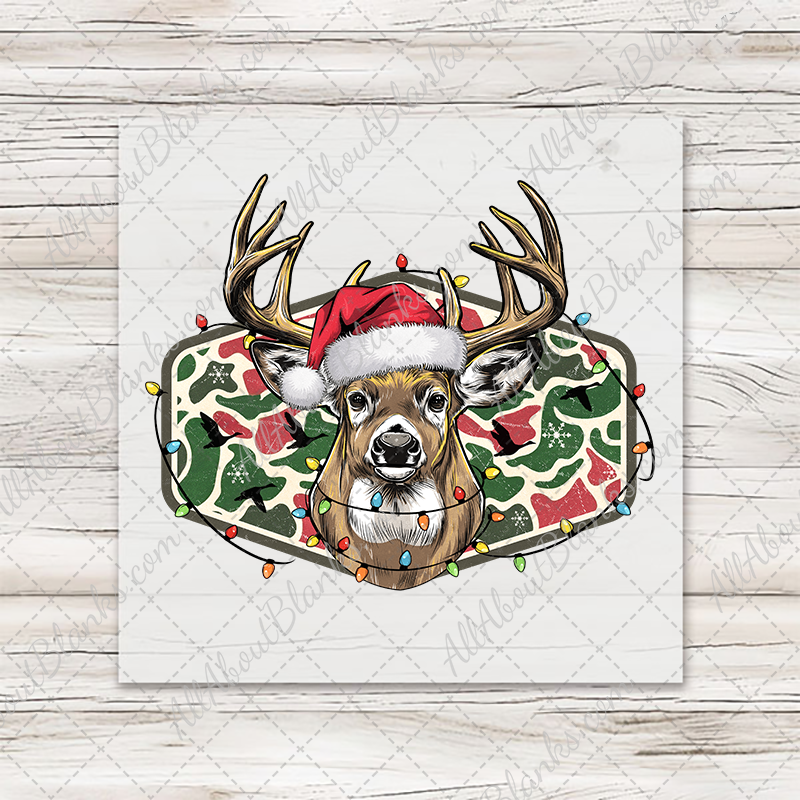 Christmas Reindeer In Santa Hat on Camo T-Shirt Transfer