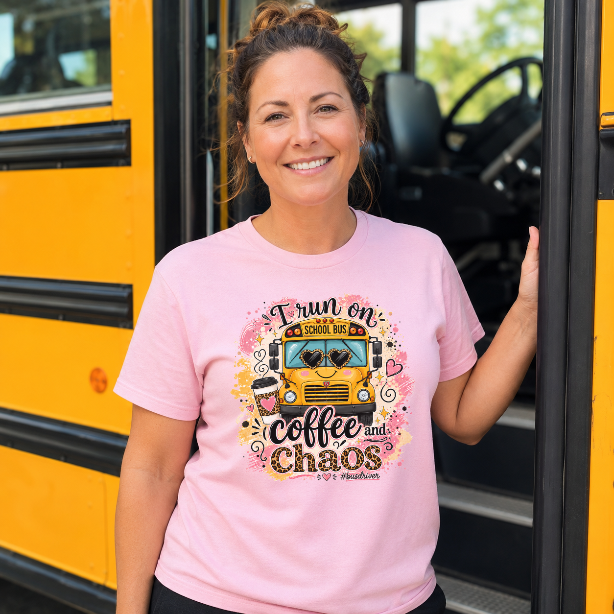 Coffee & Chaos Leopard Bus Driver T-Shirt Transfer