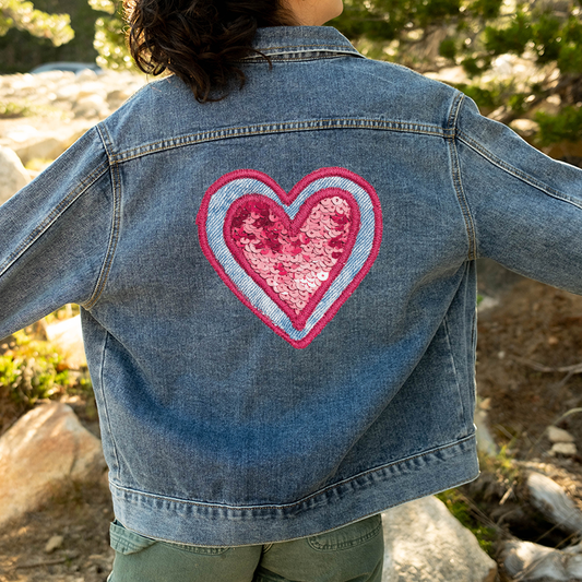 Denim Sequin Heart - Pink Transfer