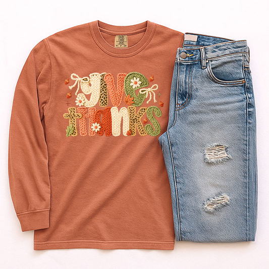 Faux Yarn Preppy Give Thanks Transfer - T-SHIRT SIZE