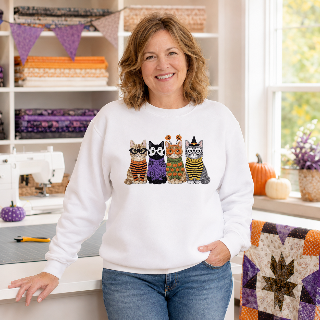 Faux Yarn Halloween Cats Transfer
