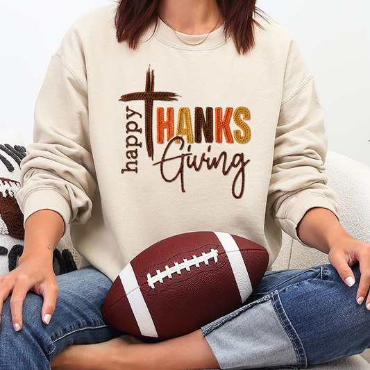 Faux Yarn Happy Thanksgiving Cross Transfer - T-SHIRT SIZE