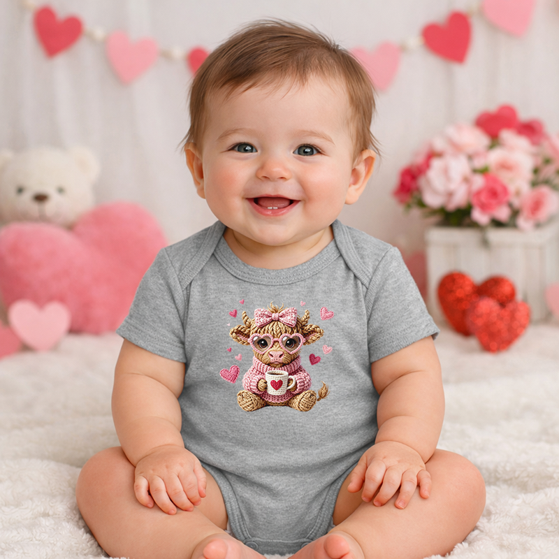 Faux Yarn Valentines Baby Highland Cow Transfer