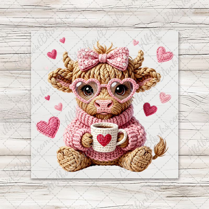 Faux Yarn Valentines Baby Highland Cow Transfer