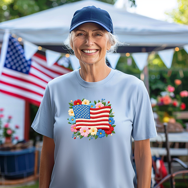 Floral American Flag Faux Embroidery Transfer - T-SHIRT SIZE