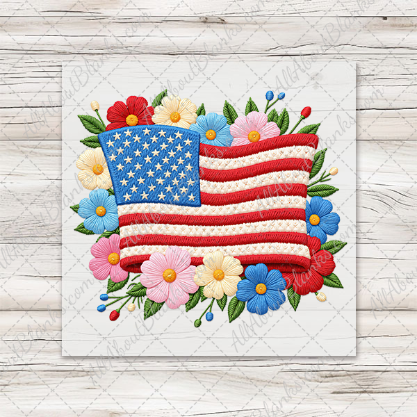Floral American Flag Faux Embroidery Transfer - T-SHIRT SIZE