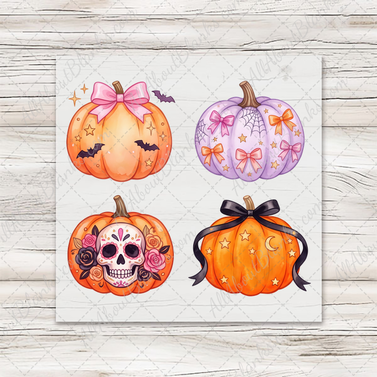 Girlie Halloween Pumpkins Set 1 — four mini DTF transfers on transfer sheet