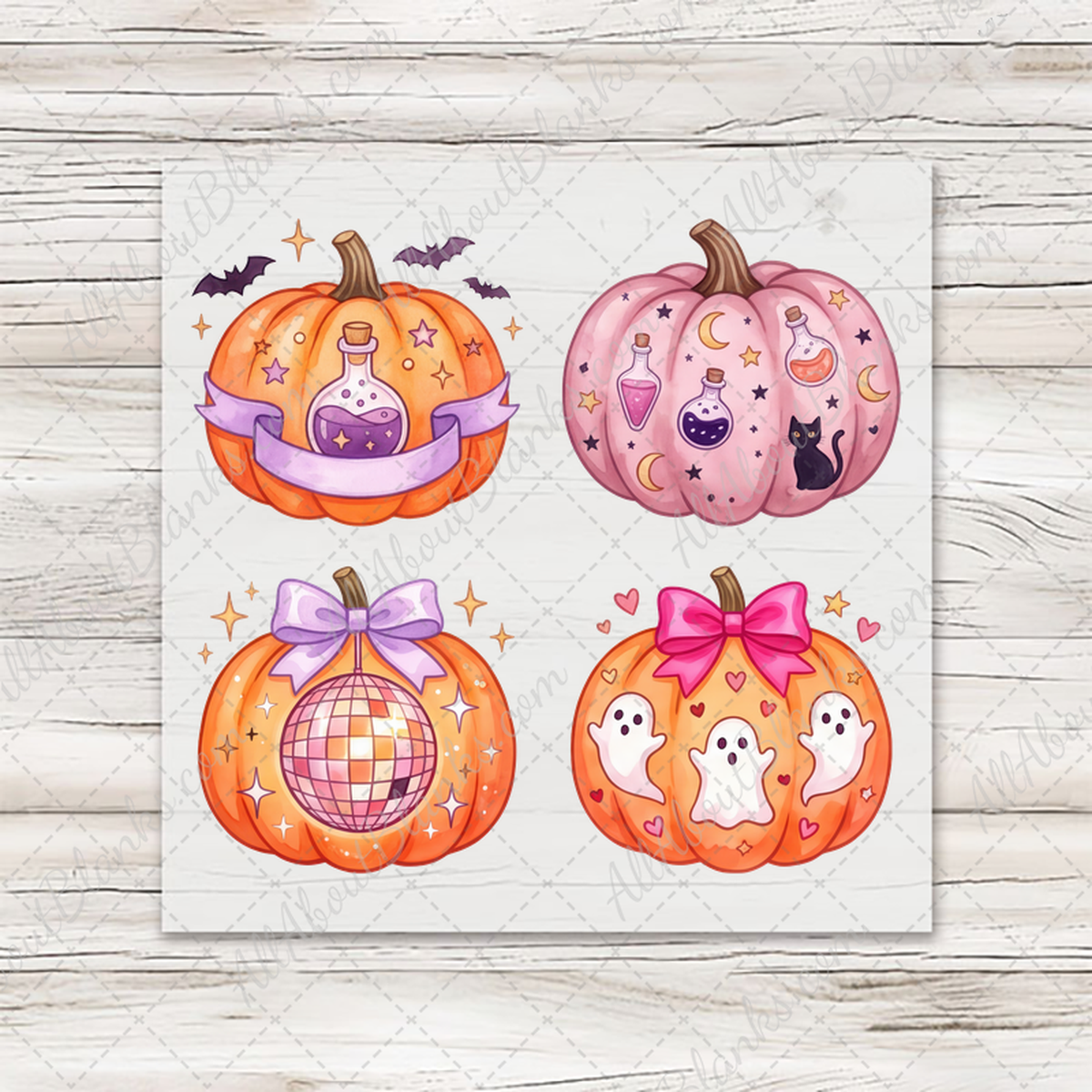 Girlie Halloween Pumpkins Set 2 — four mini DTF transfers on transfer sheet
