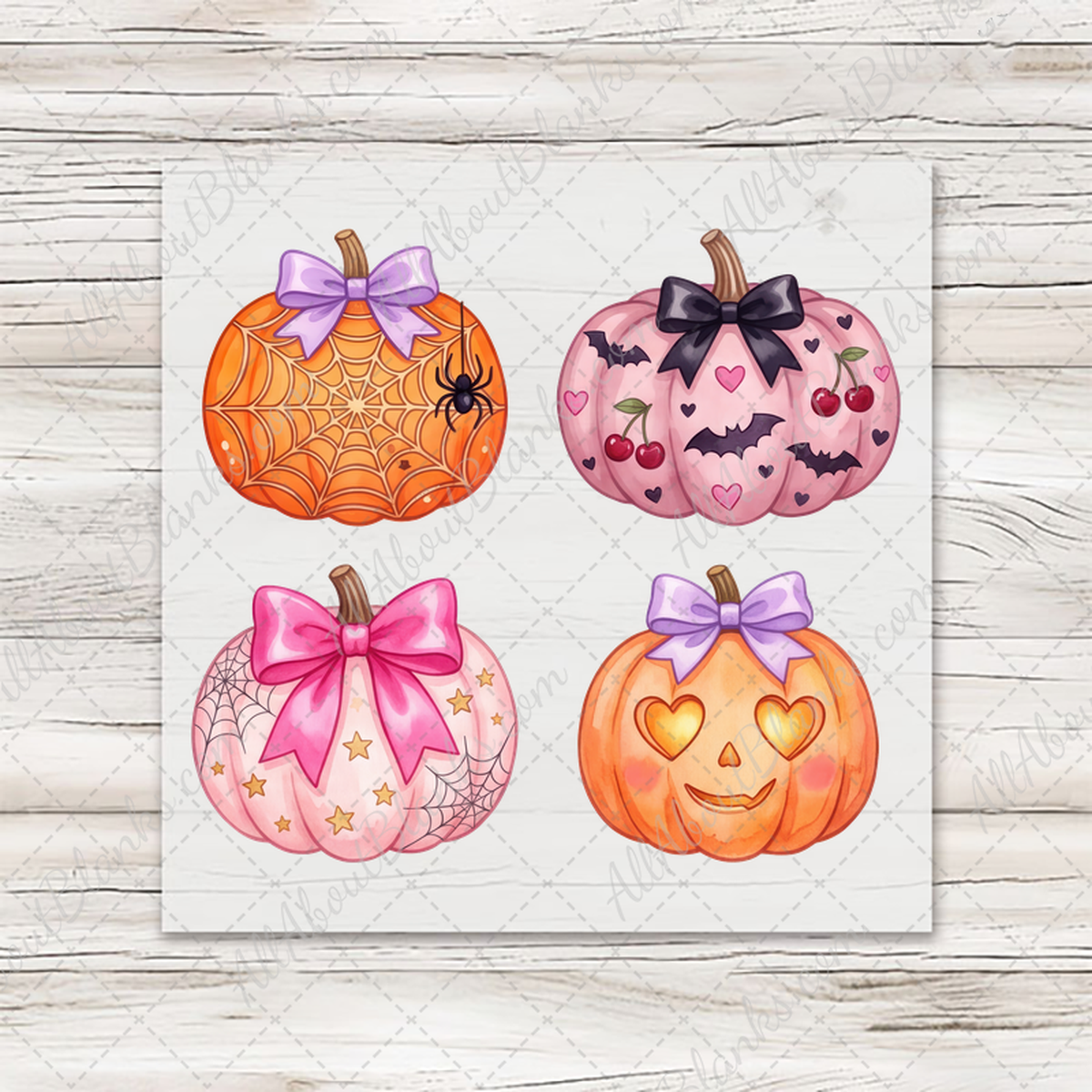 Girlie Halloween Pumpkins Set 3 — four mini DTF transfers on transfer sheet