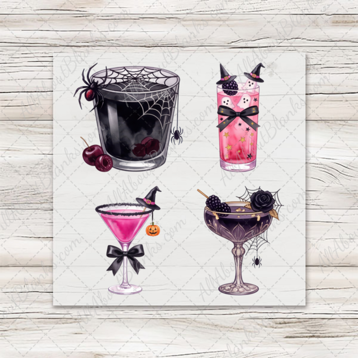 Halloween Cocktails 2 - four mini DTF transfer designs on transfer sheet