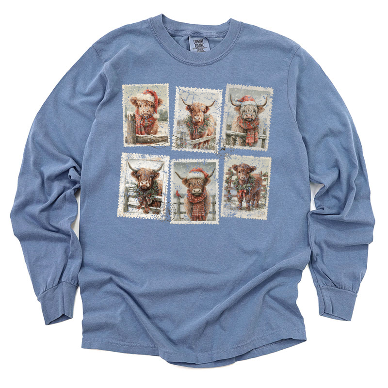 Christmas Highland Cow Vintage Stamps Transfer - T-SHIRT SIZE