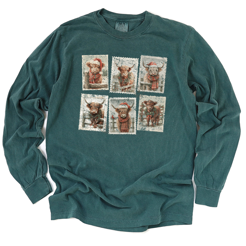 Christmas Highland Cow Vintage Stamps Transfer - T-SHIRT SIZE