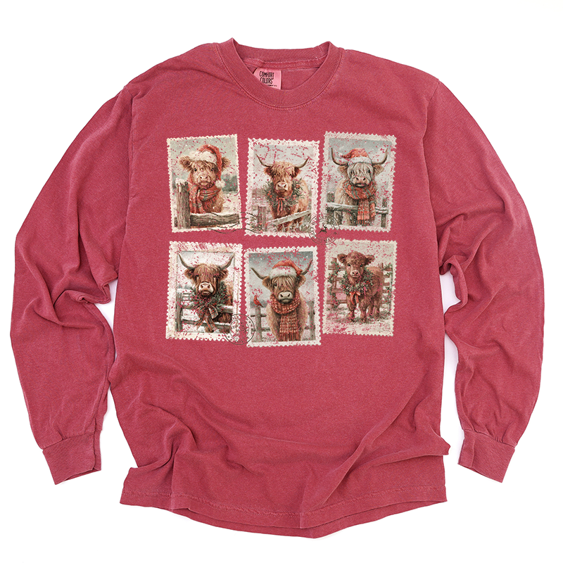 Christmas Highland Cow Vintage Stamps Transfer - T-SHIRT SIZE