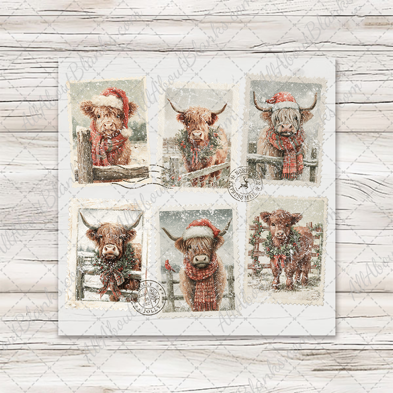 Christmas Highland Cow Vintage Stamps Transfer - T-SHIRT SIZE