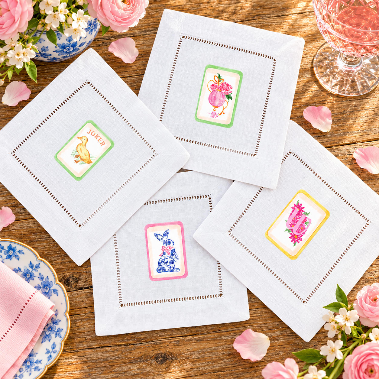 Spring Mahjong Chinoiserie Chic: four designs on white hemstitched cocktail napkins