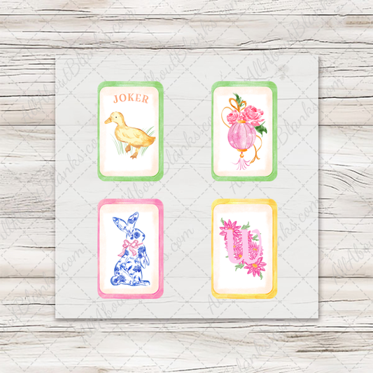 Spring Mahjong Chinoiserie Chic: four ready-to-press mini transfers on wood mockup