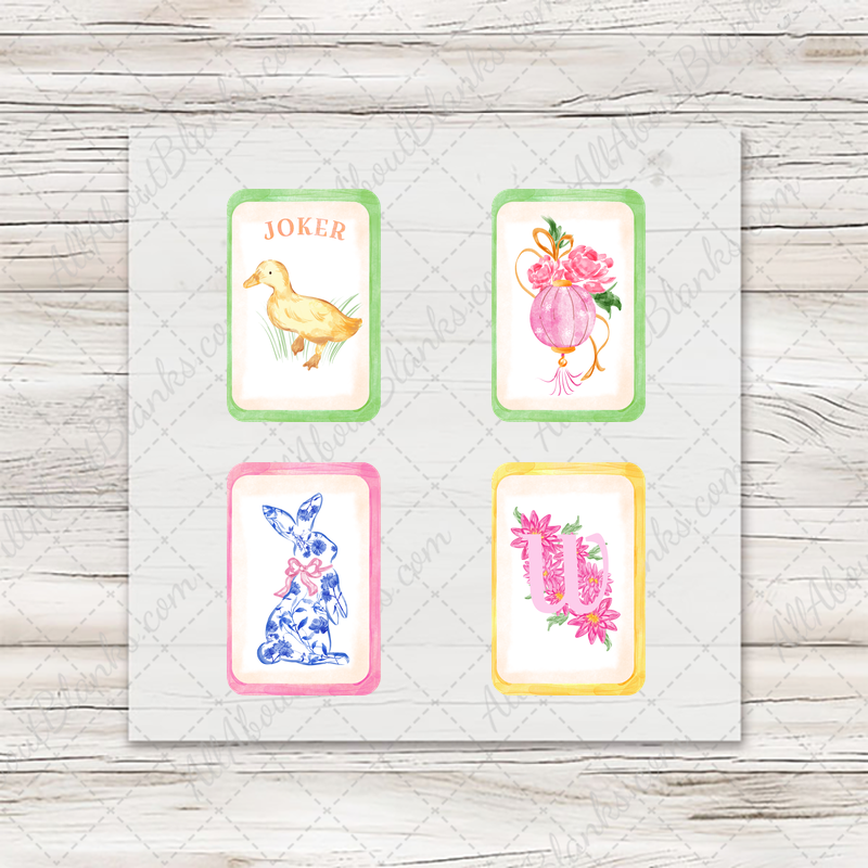 Spring Mahjong Chinoiserie Chic: four ready-to-press mini transfers on wood mockup