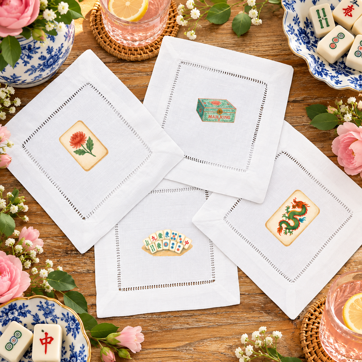 Mahjong Game Night Favorites: four designs on white hemstitched cocktail napkins