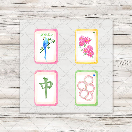 Spring Mahjong Garden Party: four ready-to-press mini transfers on wood mockup